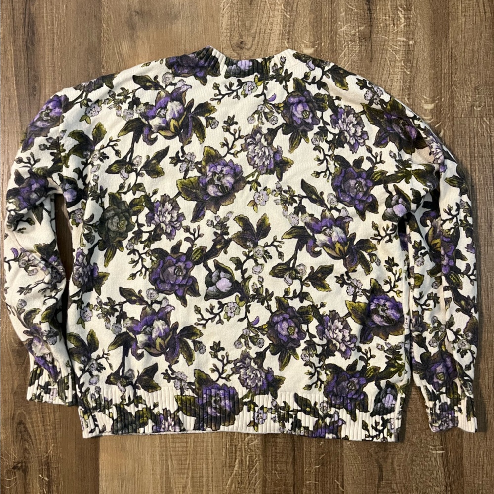 LOFT Floral Blouson Sleeve Sweater with Purple Floral and Olive Print - Picture 4 of 7